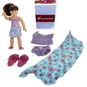 American Girl Ruffled Tankini Sarong Outfit Doll Swimsuit Sandal Shoes Skirt Box